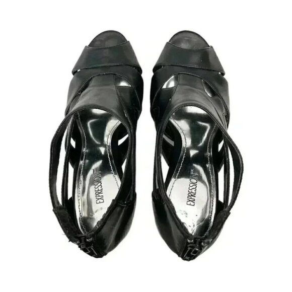 Expression Chunky Platform Caged High Heel Y2K Shoes Black Faux Leather Size 7 - Picture 7 of 16